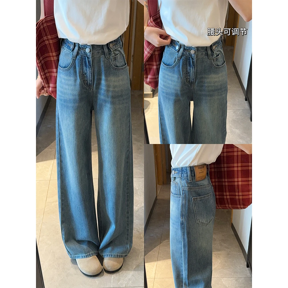 王家有鱼2025夏季新款猫须怀旧蓝牛仔裤高腰显瘦百搭宽松阔腿长裤