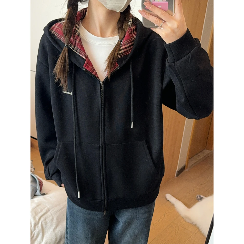 王家有鱼2025年新款格子拼接连帽卫衣女时尚百搭外套宽松开衫上衣