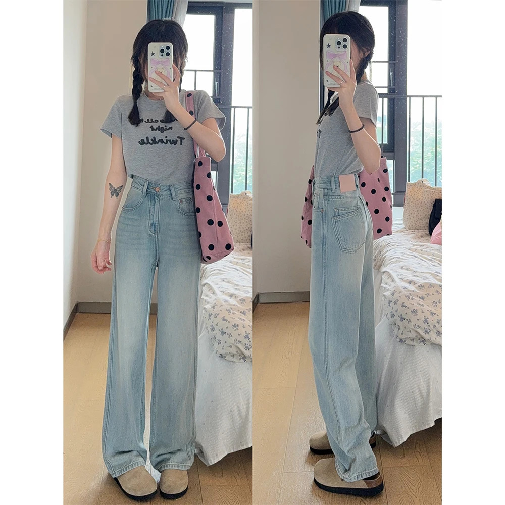 王家有鱼薄款窄版小个子牛仔裤2025年夏季新款高腰显瘦百搭阔腿裤