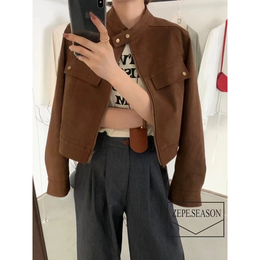 复古立领麂皮绒初秋外套女短款宽松休闲机车服夹克小个子百搭上衣