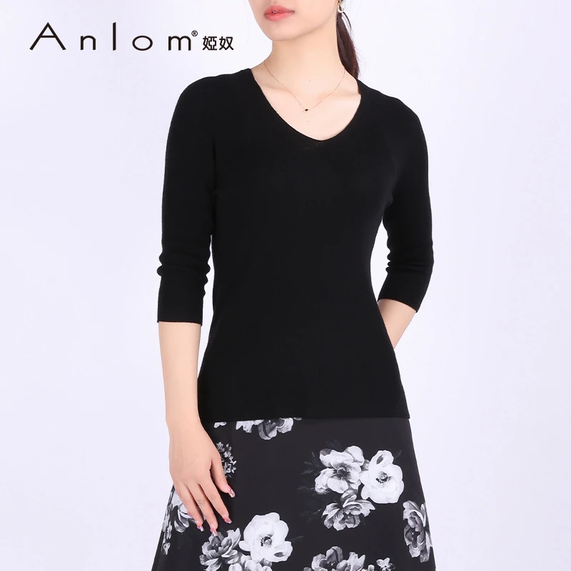Anlom/娅奴夏季中袖新款V领黑色休闲百搭绵羊毛通勤上衣2312025