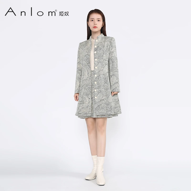 Anlom/娅奴女士风衣中长款时尚气质修身不规则条纹秋冬款大衣外套