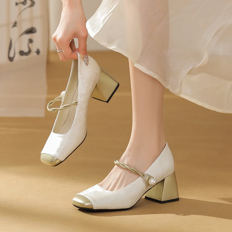 春季浅口单鞋女法式粗跟新款方头粗跟国风拼色印花一字带百搭单鞋