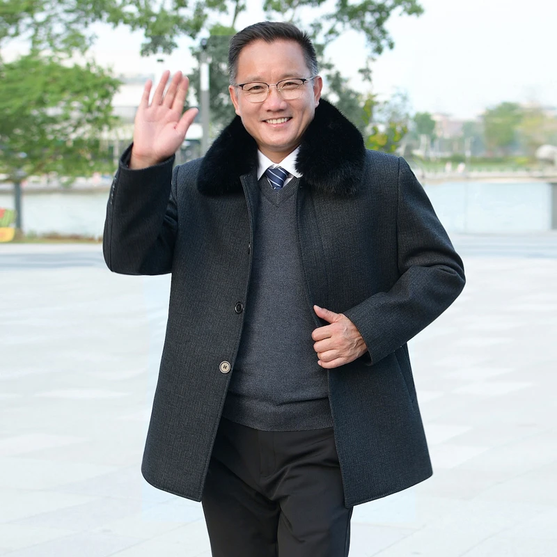 中老年男外套秋冬季中长款毛呢大衣爸爸夹克加绒加厚爷爷冬装衣服
