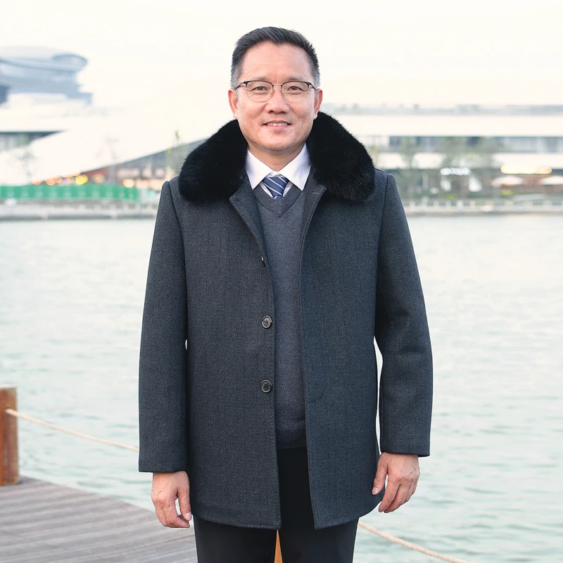 爸爸毛呢大衣男中长款冬季加厚中老年呢子外套男士爷爷棉衣老年人
