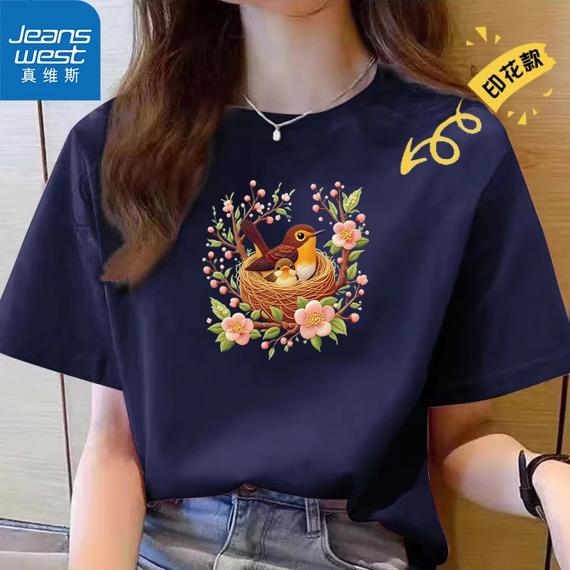 Jeanswest/真维斯2025春夏印花纯棉T恤女显瘦休闲百搭夏季宽松513