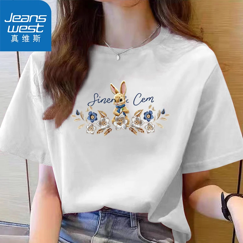 Jeanswest/真维斯2025春夏印花纯棉T恤女显瘦白色时尚休闲夏季551