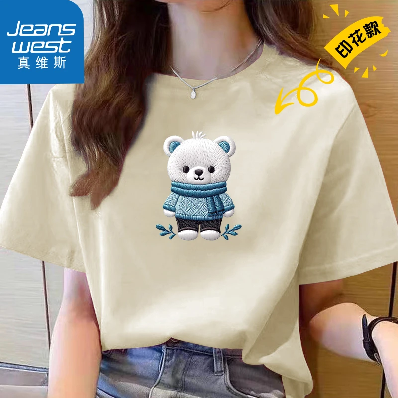 Jeanswest/真维斯2025春夏印花纯棉T恤女显瘦白色时尚休闲夏季516