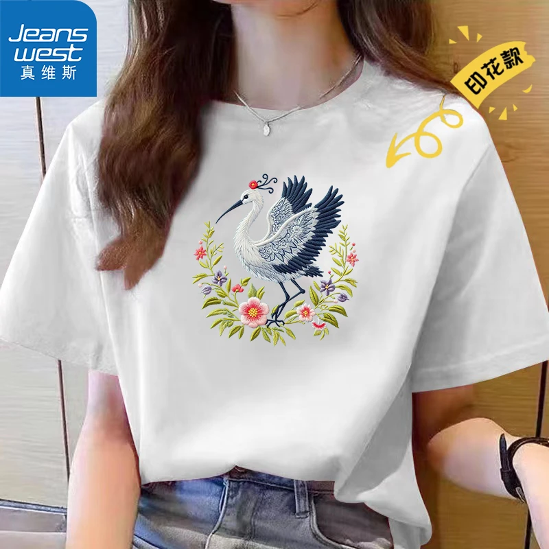 Jeanswest/真维斯2025春夏印花纯棉T恤女显瘦休闲百搭夏季宽松514