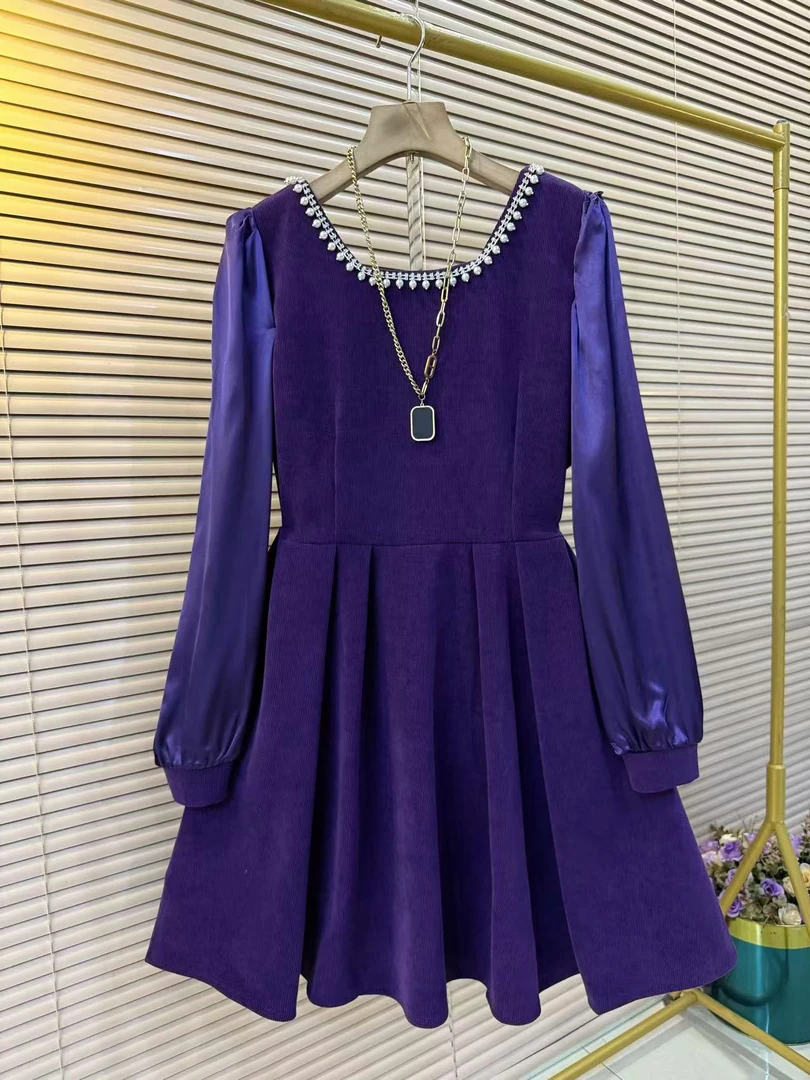 欧货大码胖妹妹钉珠领蝴蝶结显瘦气质连衣裙(衣长90)