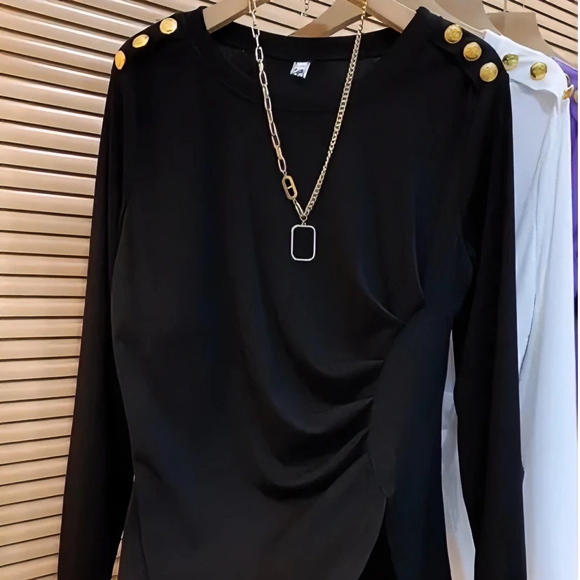 2023年早秋新款时尚遮肉显瘦气质高雅百搭衫长袖设计感黑色修身