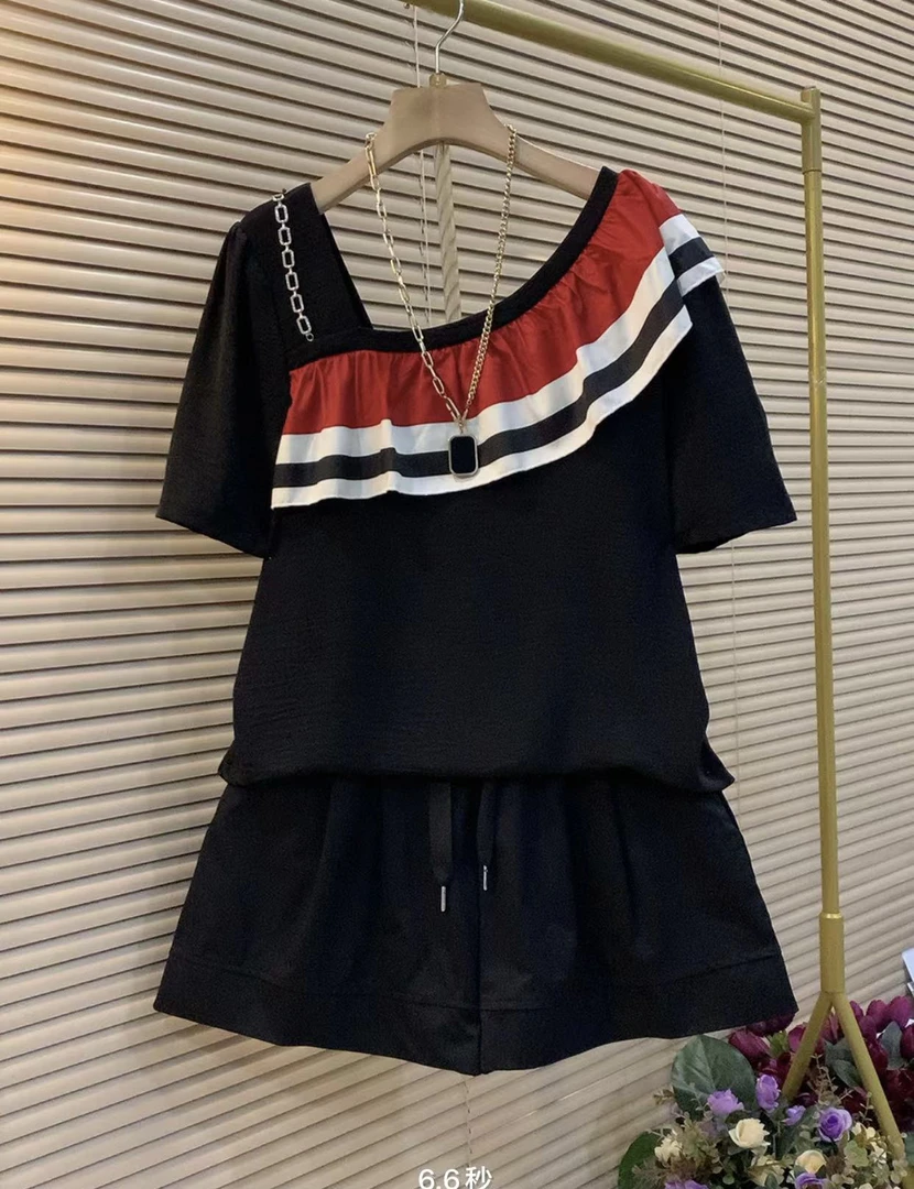 新款欧货遮肉遮肚子显瘦气质套装短袖时尚休闲百搭夏季黑色宽松