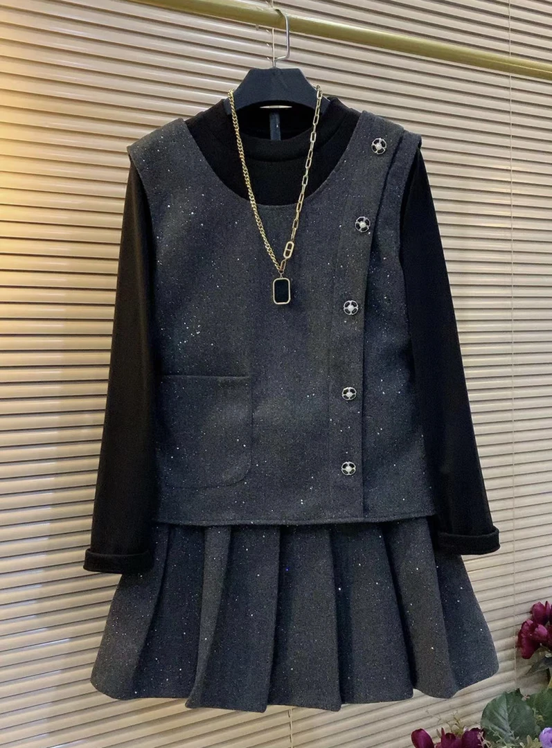 欧货时尚新款蝴蝶结马甲打底衫短裙三件套