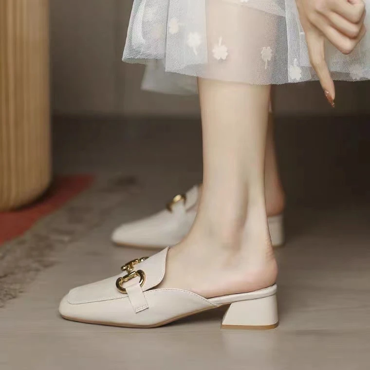 正品粗跟半拖鞋女2024夏季中跟方头包头凉拖鞋室外