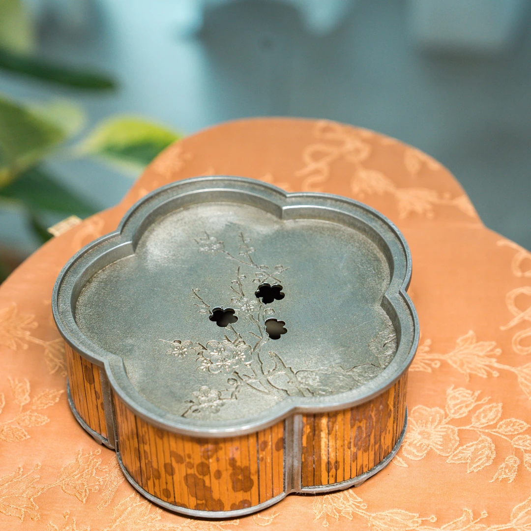 【圆形梅花壶承】手工湘妃竹老锡壶承复古蓄水底茶托盘家用中式泡台