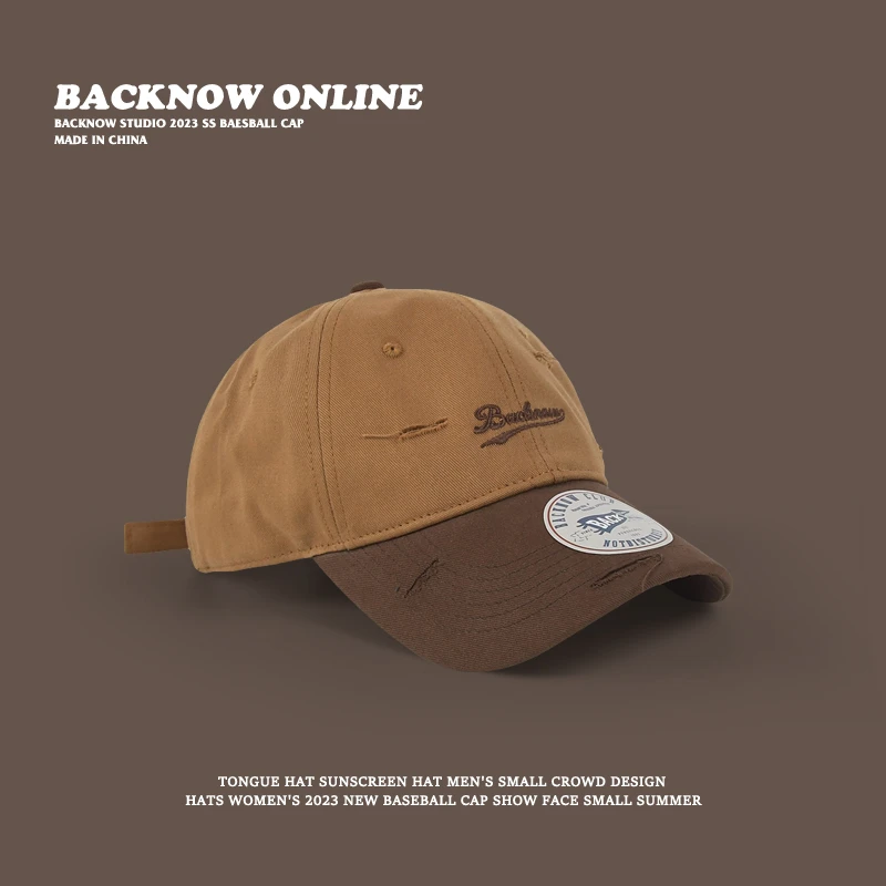 BACKNOW拼色鸭舌帽美式复古破洞棒球帽大头围时尚帽子