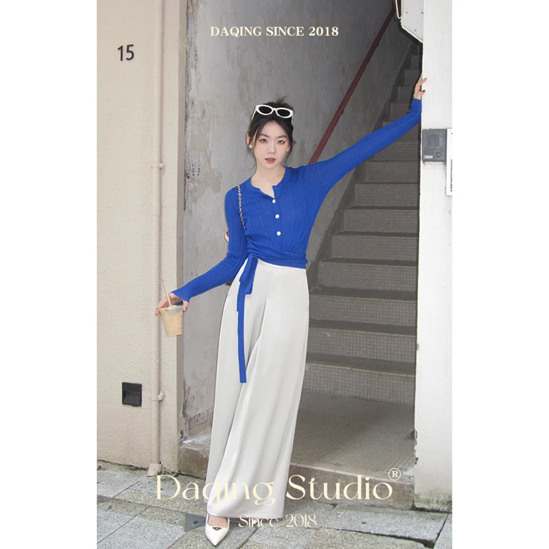 许大晴【月沐】通勤冰凉垂感缎面阔腿长裤 D9307