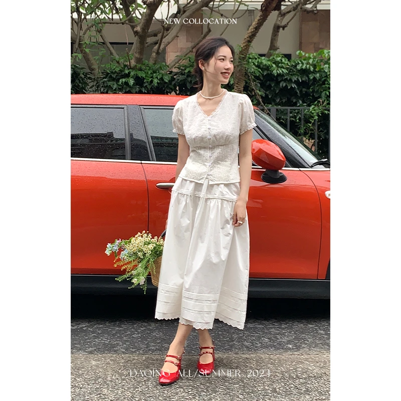许大晴【絮白】法式复古重工艺牙签褶白色半身裙 D7352