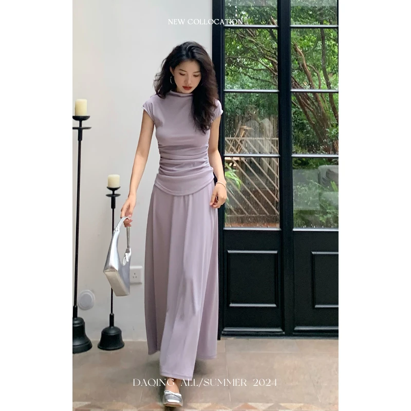 许大晴【温弦】极简气质堆堆领上衣半身裙套装 D2708