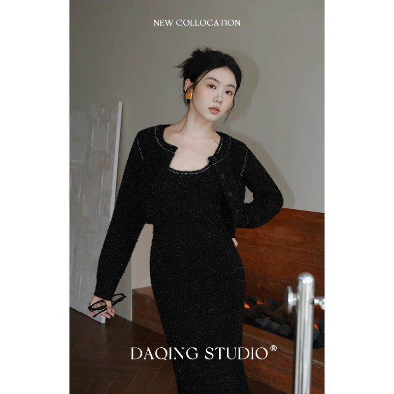 许大晴【夜莺】手工亮丝线 玻璃纱重工针织连衣裙套装D4669