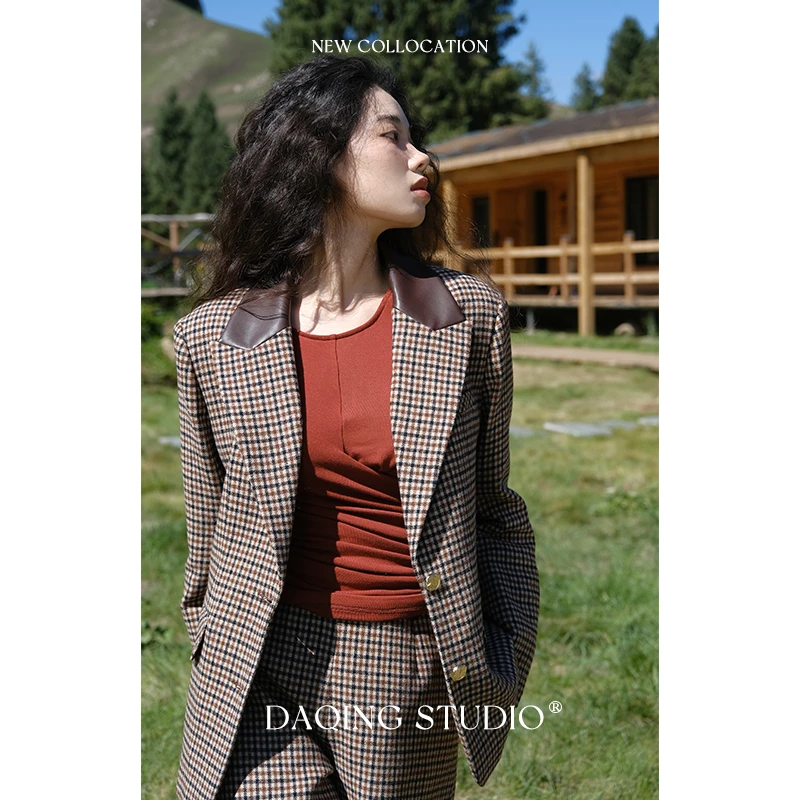 许大晴【温斯顿】D6544 复古格纹羊毛西装高腰短裤套装