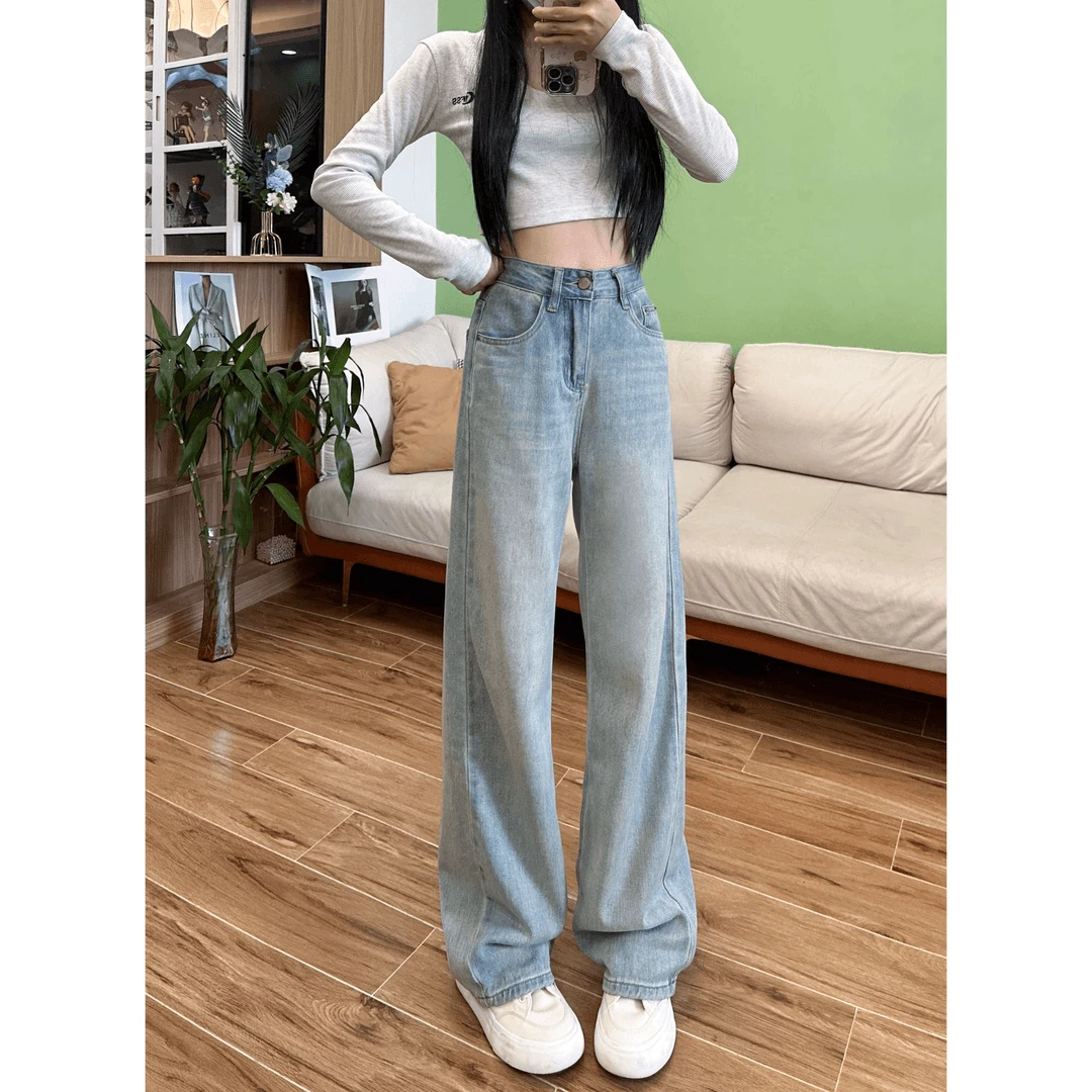 【现货现发】冰川蓝柔软面料刺绣款秋冬新款百搭直筒牛仔裤子