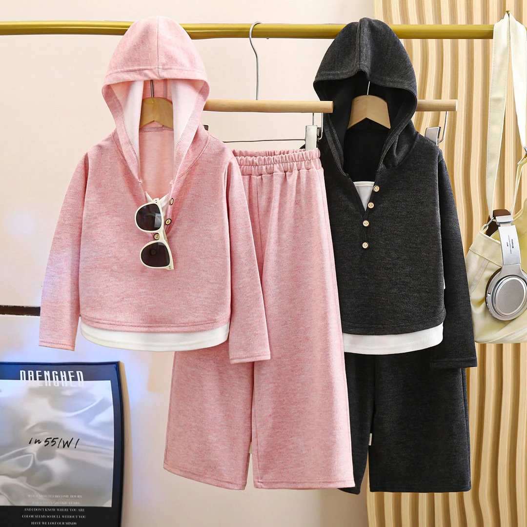 【慵懒范】慕斯绒假两件连帽打底衫+阔腿裤两件套秋季套装儿童粉色