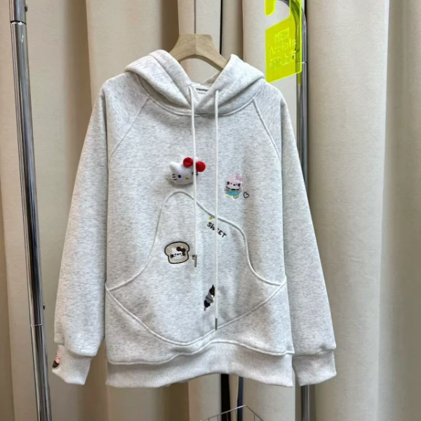 （小彩定制）kitty猫猫刺绣ins风异形口袋加绒船兜连帽卫衣
