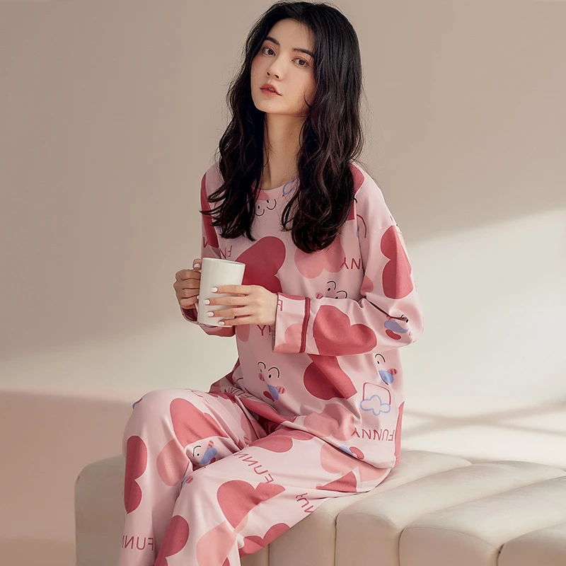 MiiOW/猫人【甜恩专属】春季长袖长裤休闲睡衣家居服套装女士纯棉