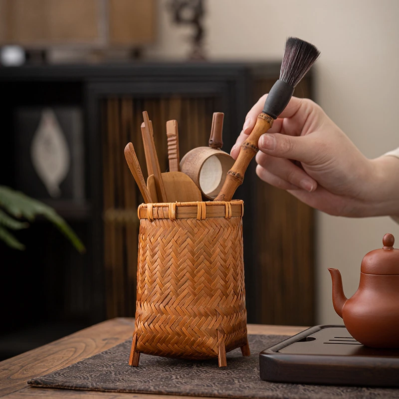 六君子茶筒手工竹编笔筒筷子桌面多功能收纳盘茶漏竹篓单筒手提
