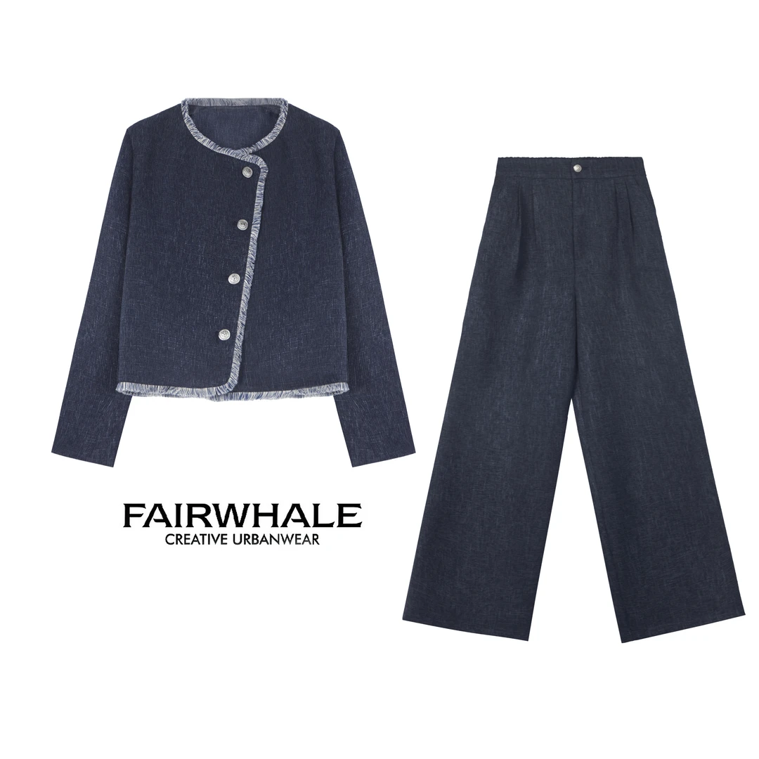 （羽绒款）马克华菲24秋冬毛呢丝绒流苏羽绒外套+裤子时尚套装