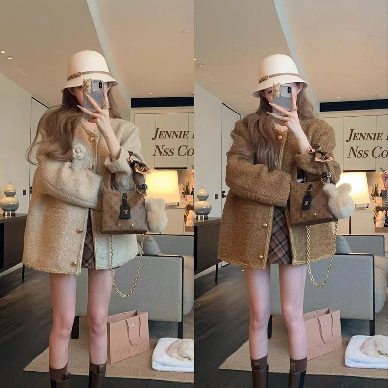 鎏金小香风夹棉外套秋冬季毛呢长袖气质韩版宽松百搭千金风上衣女