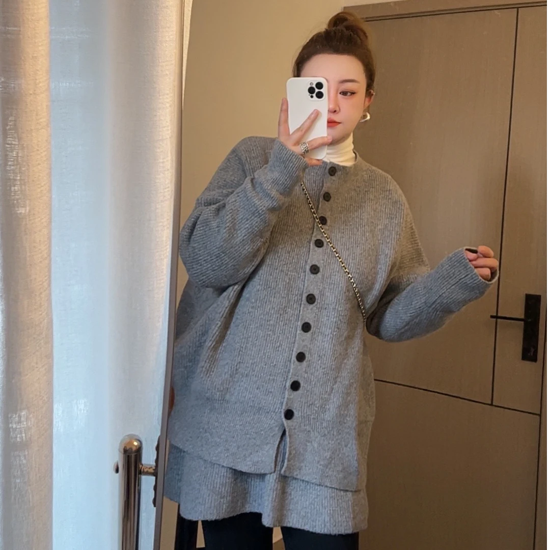 宽松圆领开衫毛衣秋冬季慵懒风韩版松紧腰针织半身裙女两件套装