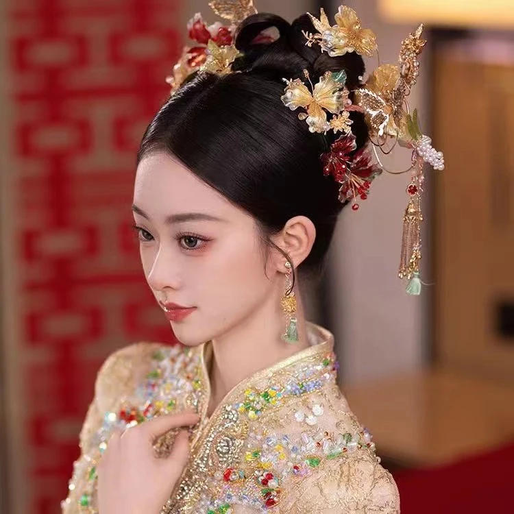 新娘头饰中式大气流苏步摇红色秀禾服凤冠敬酒服发饰女显脸小