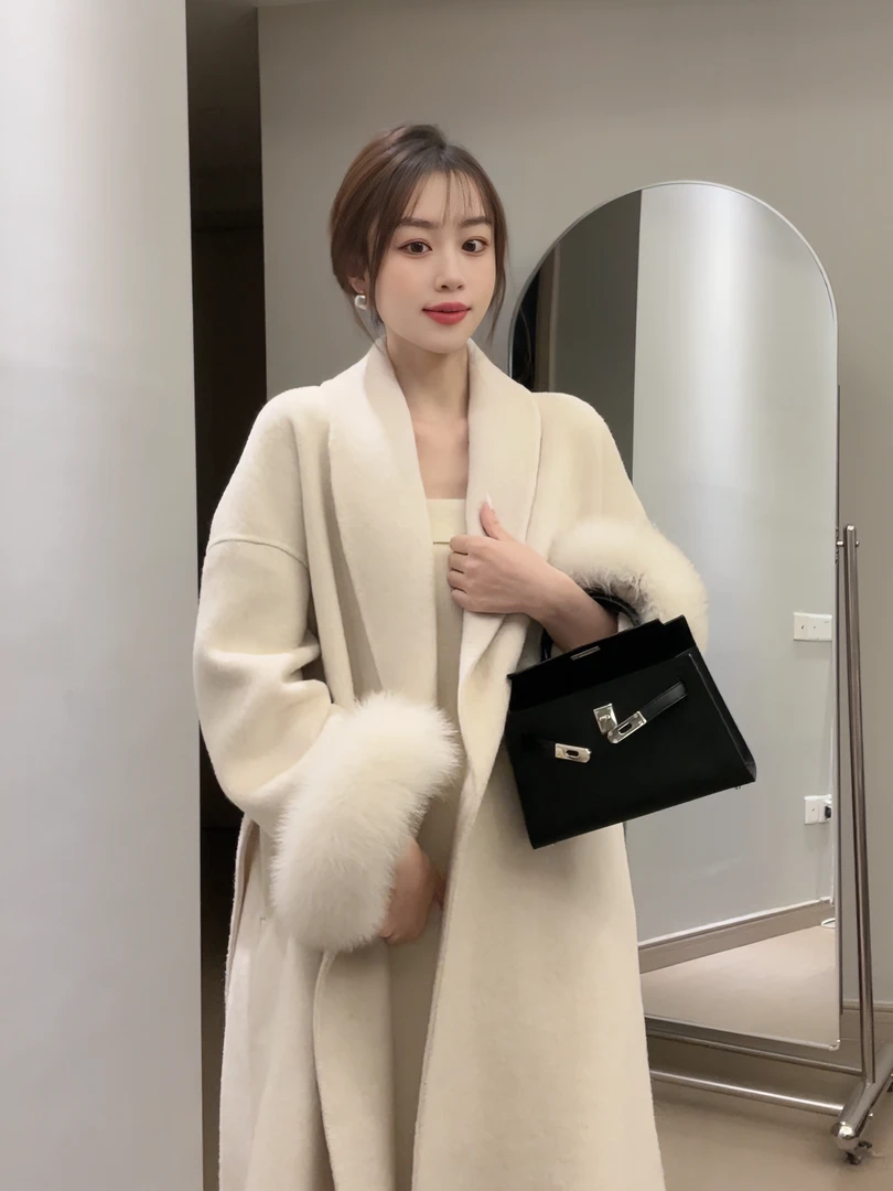 多乐【 冬日暮雪】升级版100狐狸毛双面手缝宽松羊毛大衣轻奢