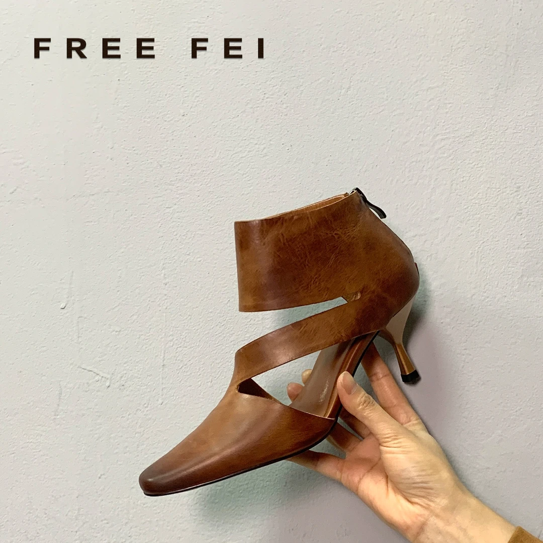 原创美拉德风罗马鞋 细高跟凉靴牛皮复古真皮尖头夏季包头女鞋