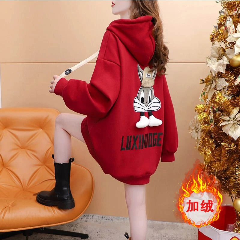 中长款加绒连帽卫衣女2024秋冬季新款洋气设计感立体刺绣学生上衣
