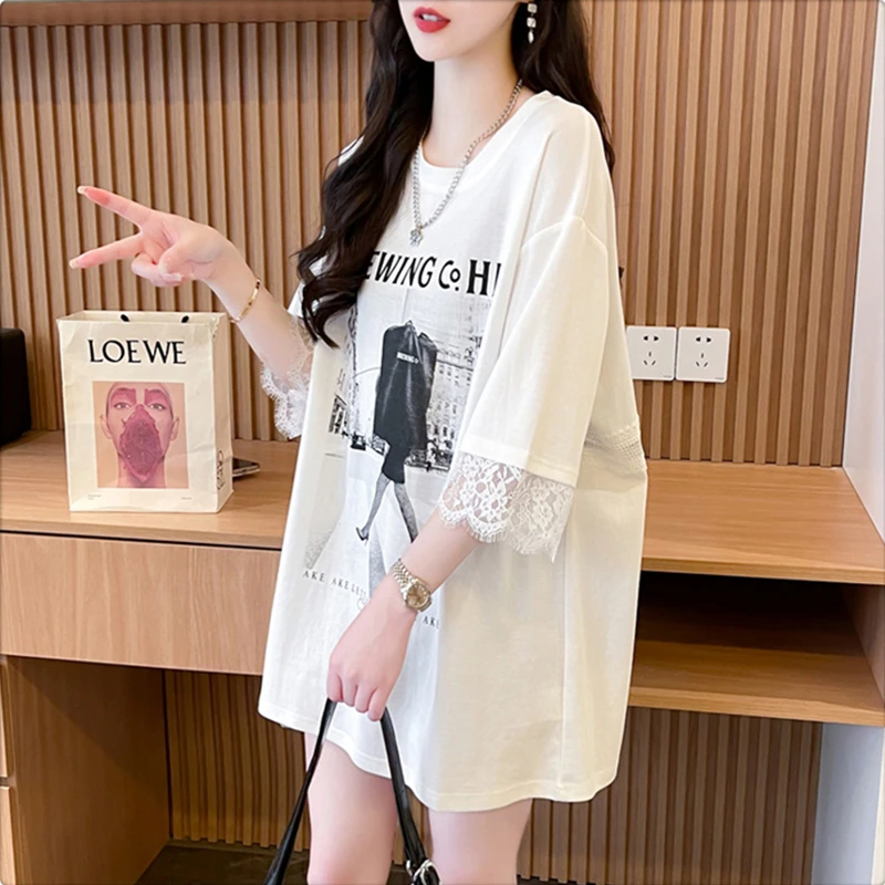 中长款设计感蕾丝镂空纯棉短袖t恤女夏装2024新款休闲洋气上衣女