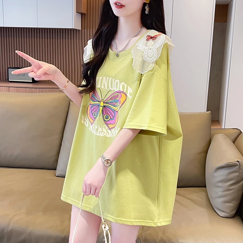 中长款设计感娃娃领纯棉t恤女短袖夏装2024新款洋气百搭大码上衣