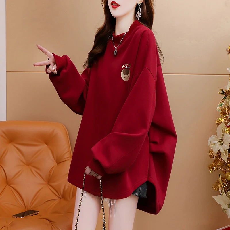 中长款圆领套头卫衣女秋冬新款加绒加厚保暖百搭前短后长开叉上衣