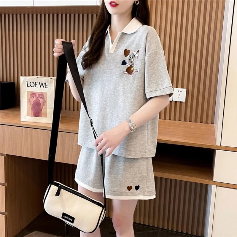 polo领休闲套装女短袖短裤两件套宽松大码洋气百搭显瘦学生运动套