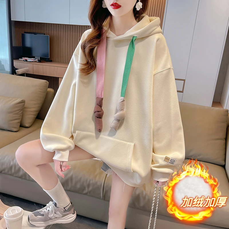 秋冬加绒加厚连帽卫衣女2023新款宽松韩版百搭慵懒风学生大码上衣