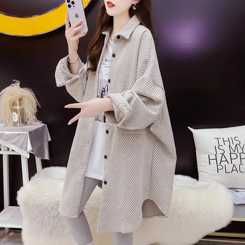 中长款粗呢子秋冬加厚衬衫女外套2024新款洋气百搭时尚大码上衣女