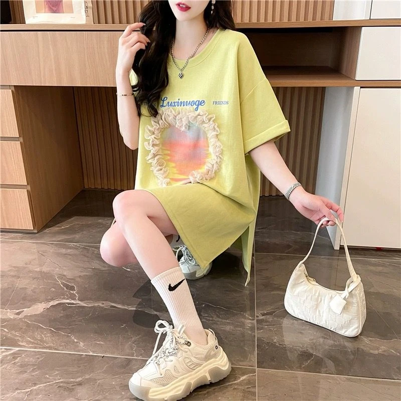 显白绿色大码纯棉短袖t恤女夏装2024新款设计感拼接花边刺绣上衣