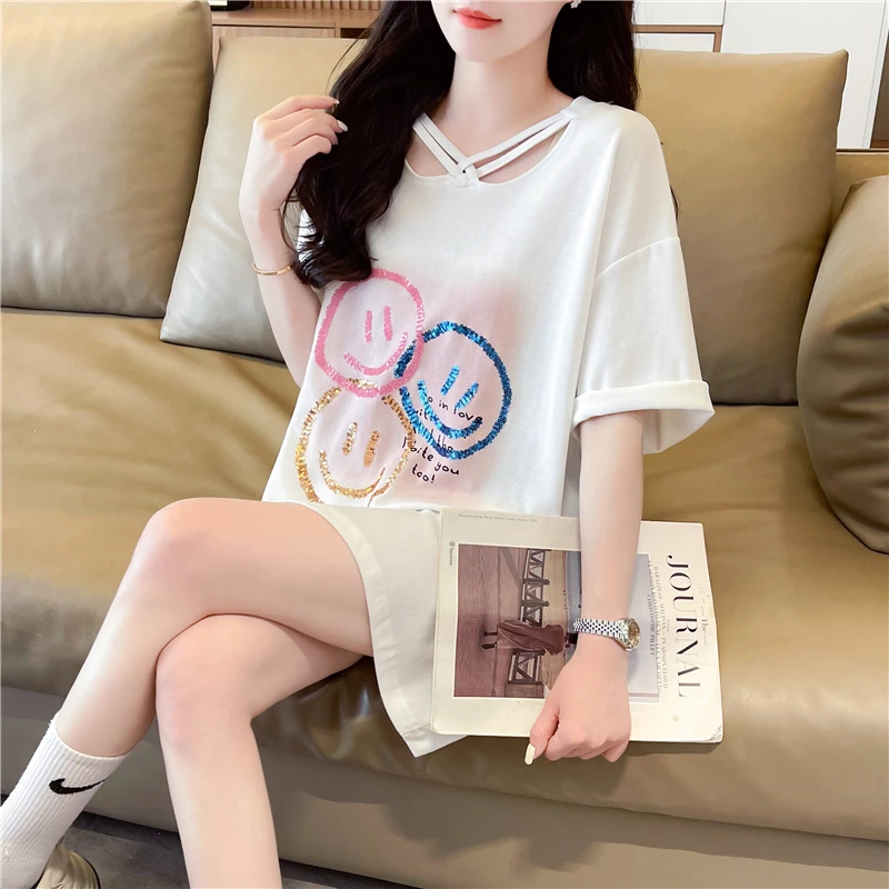 中长款大码V领短袖t恤女夏装2024网红爆款洋气百搭笑脸印花上衣女