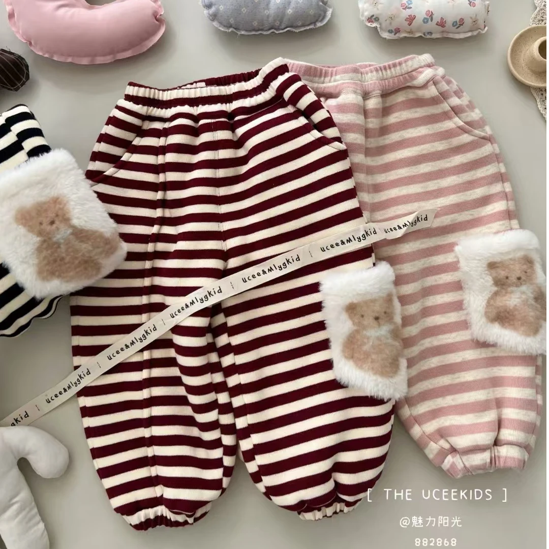 【釉兮】24冬款新款女童小熊条纹加厚绒卫裤882868