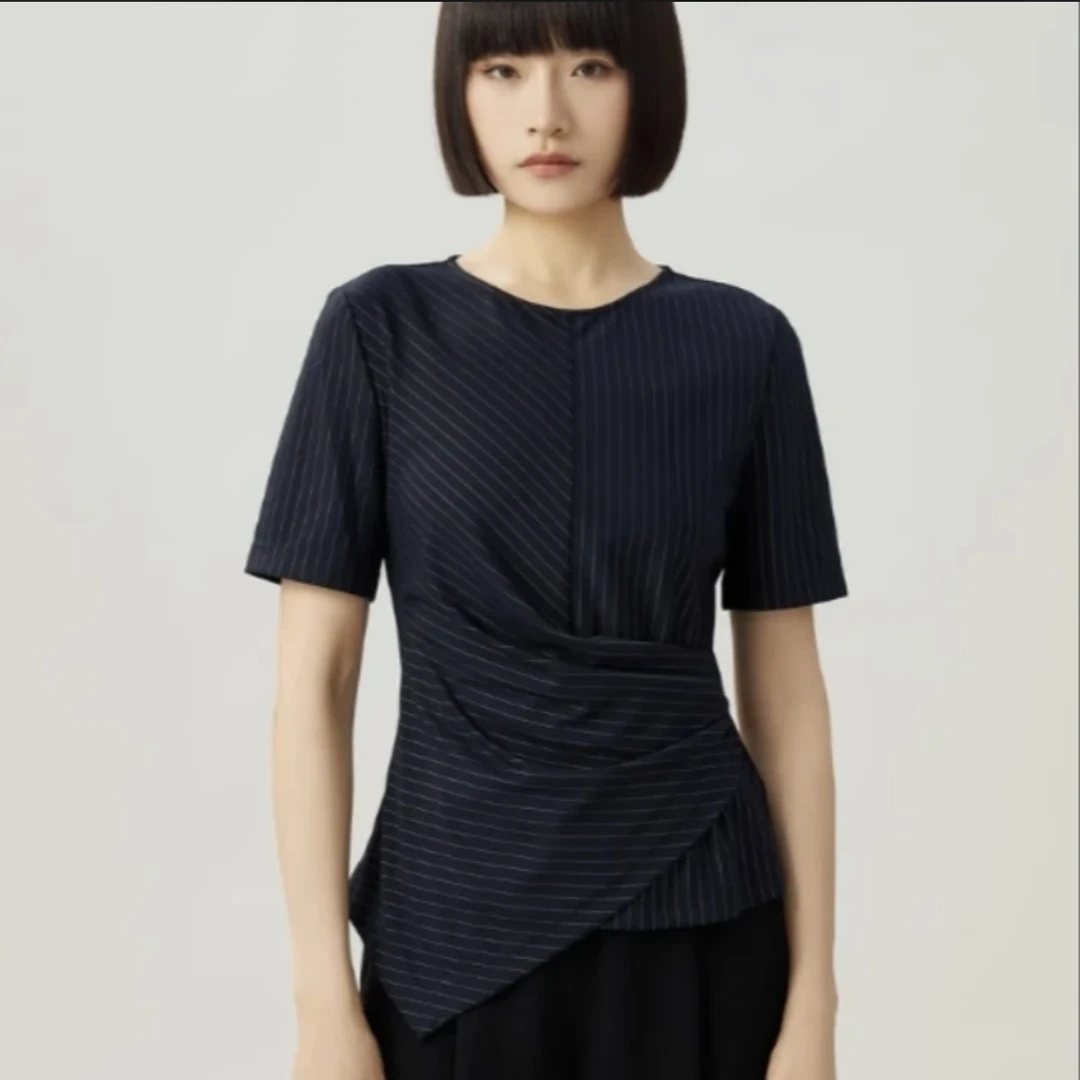 新款简约圆领条纹不规则设计短袖打底衫 1300798