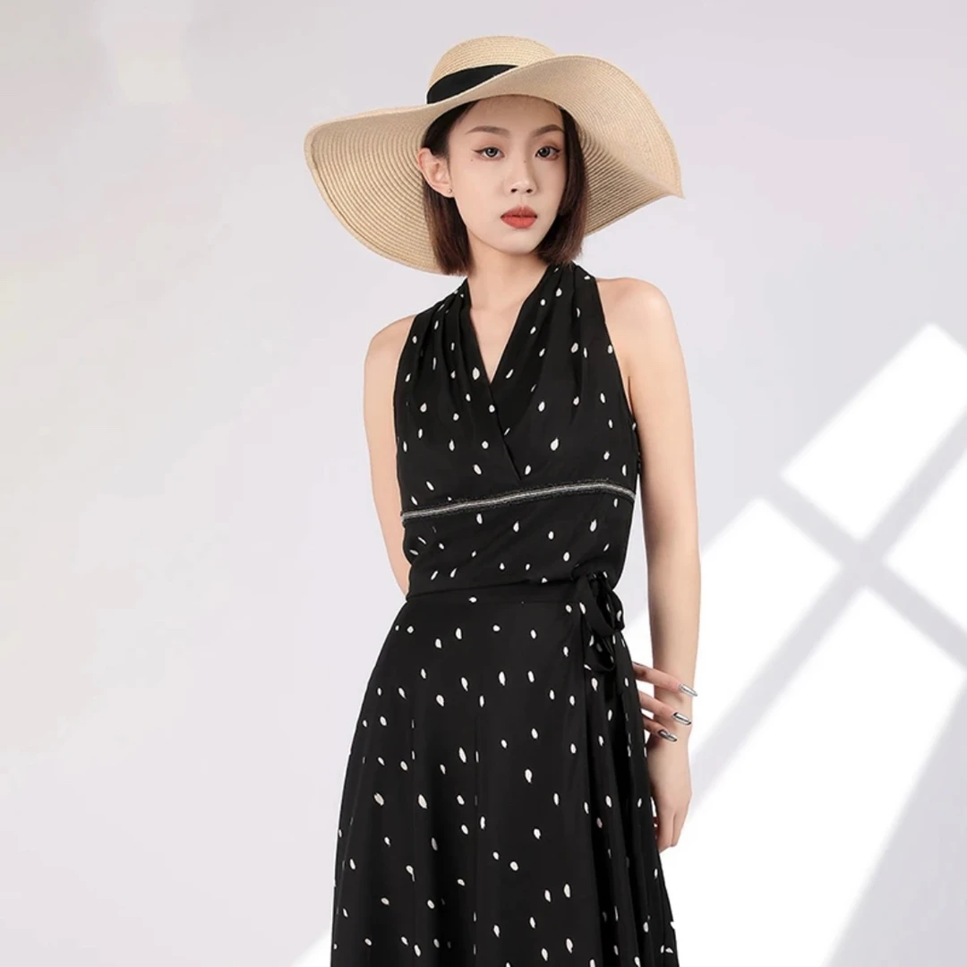 新款时尚法式波点气质设计感交叉无袖V领背心 1300639