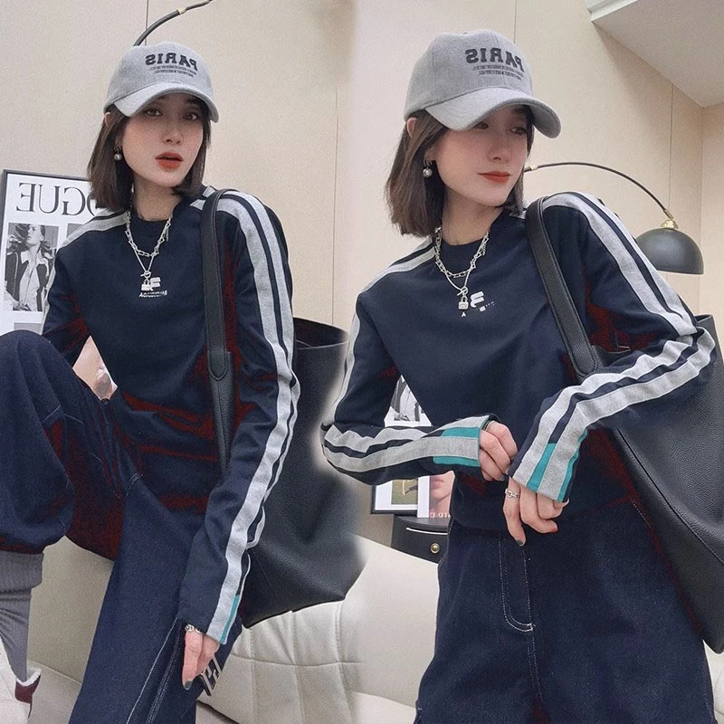 品质欧货拼接条纹长袖T恤女2025秋季新款休闲百搭打底衫减龄上衣