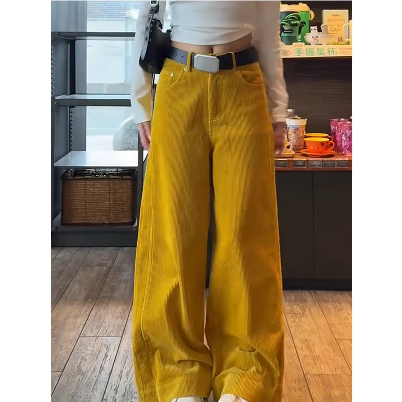 欧洲站黄色慵懒风灯芯绒阔腿裤女2025秋季新款高腰显瘦宽松直筒裤